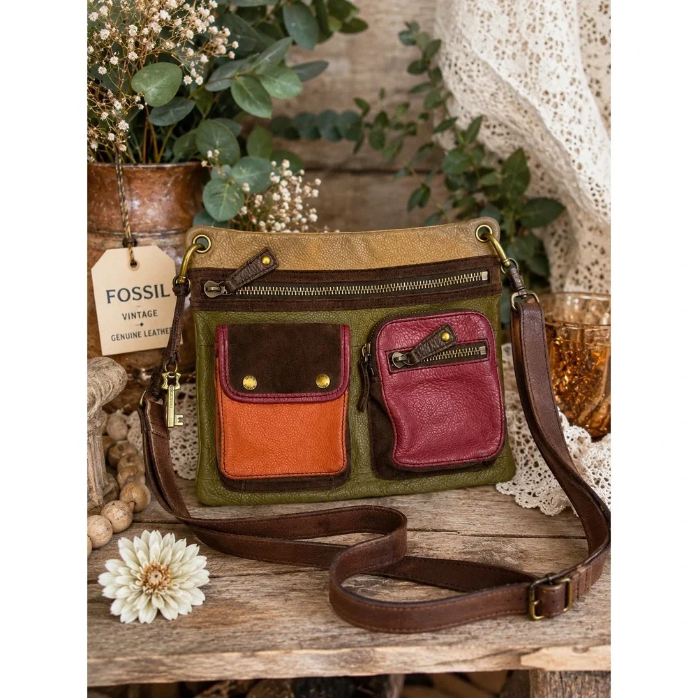Fossil Vintage Colorblock Leather Crossbody Bag Multi Pocket Olive Green Y2K